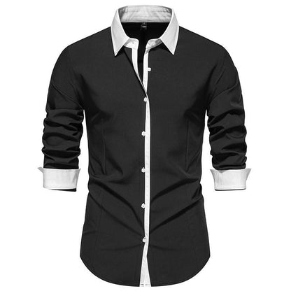 Męska koszula slim fit z kontrastowym kołnierzykiem, zapięciem na guziki i mankietami - elegancka koszula z długimi rękawami do pracy, na formalne okazje i uroczyste wydarzenia