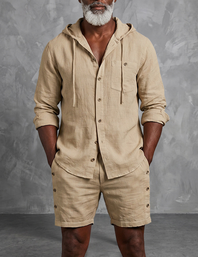 Herre Outfitsæt Med Hætteskjorte Og Afslappede Shorts