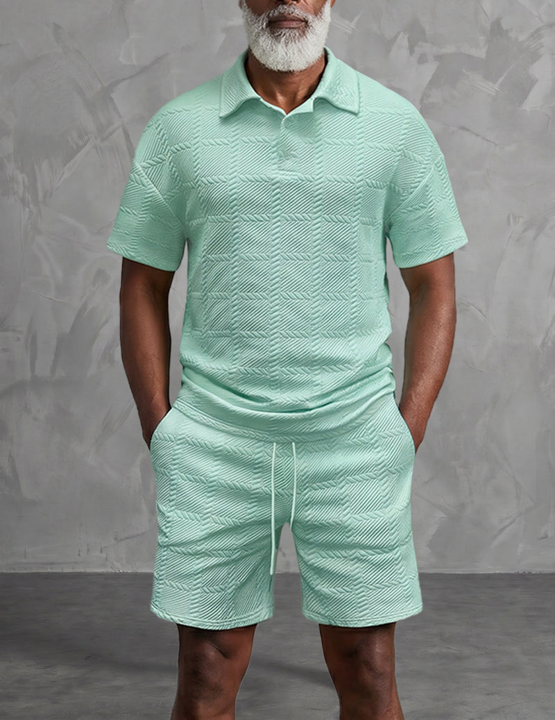 Herre Outfitsæt Med Tekstureret Poloshirt Og Shorts