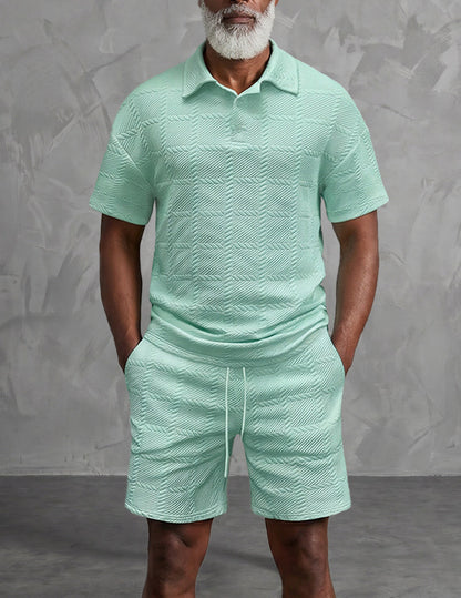 Herre Outfitsæt Med Tekstureret Poloshirt Og Shorts