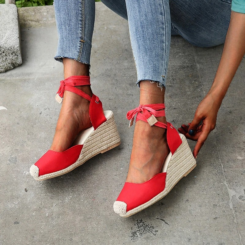 Dame Espadrille Wedgesandaler Med Snørebånd – Lukkede Canvassko Med Flettet Jutehæl Til Forår Og Sommer