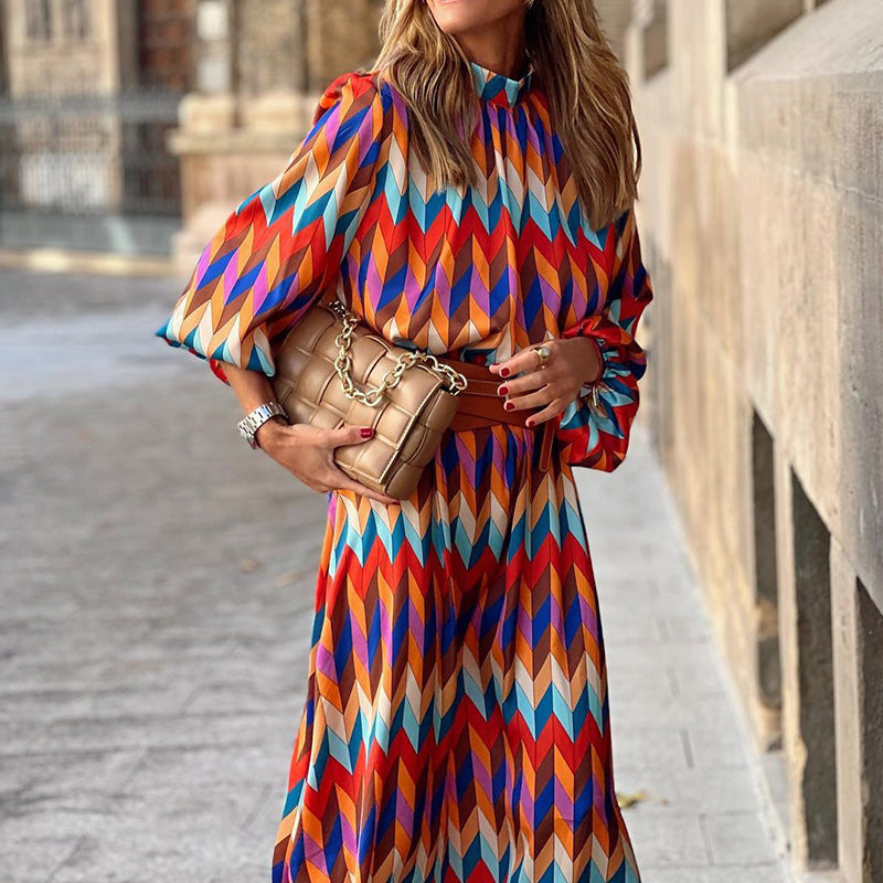 Women's Patterned Midi Dress with Long Sleeves and Belt - Elegant Fit-and-Flare Dress for Everyday Wear, Dinners, and Special Occasions