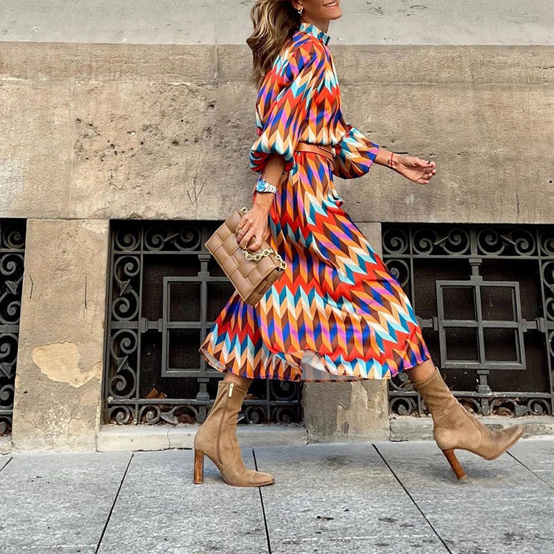 Women's Patterned Midi Dress with Long Sleeves and Belt - Elegant Fit-and-Flare Dress for Everyday Wear, Dinners, and Special Occasions