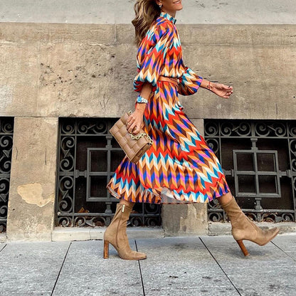 Women's Patterned Midi Dress with Long Sleeves and Belt - Elegant Fit-and-Flare Dress for Everyday Wear, Dinners, and Special Occasions