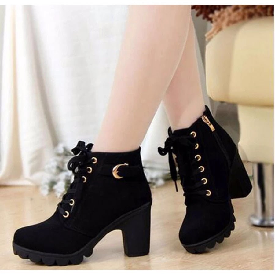 Women's Lace-Up Ankle Boots with Buckles and Block Heel - Stylish Boots for Fall, Winter, and Elegant Everyday Wear