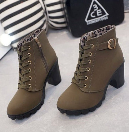 Women's Lace-Up Ankle Boots with Buckles and Block Heel - Stylish Boots for Fall, Winter, and Elegant Everyday Wear