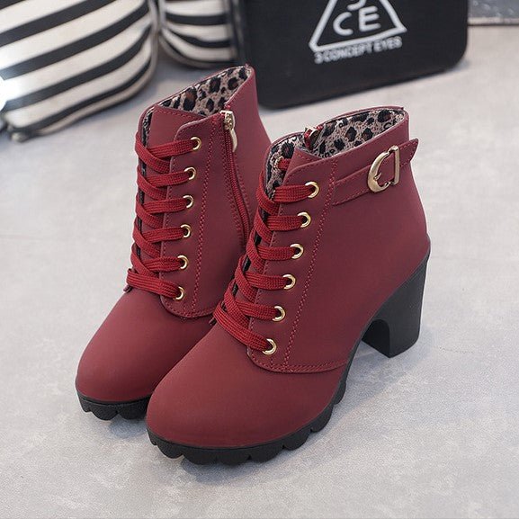 Women's Lace-Up Ankle Boots with Buckles and Block Heel - Stylish Boots for Fall, Winter, and Elegant Everyday Wear