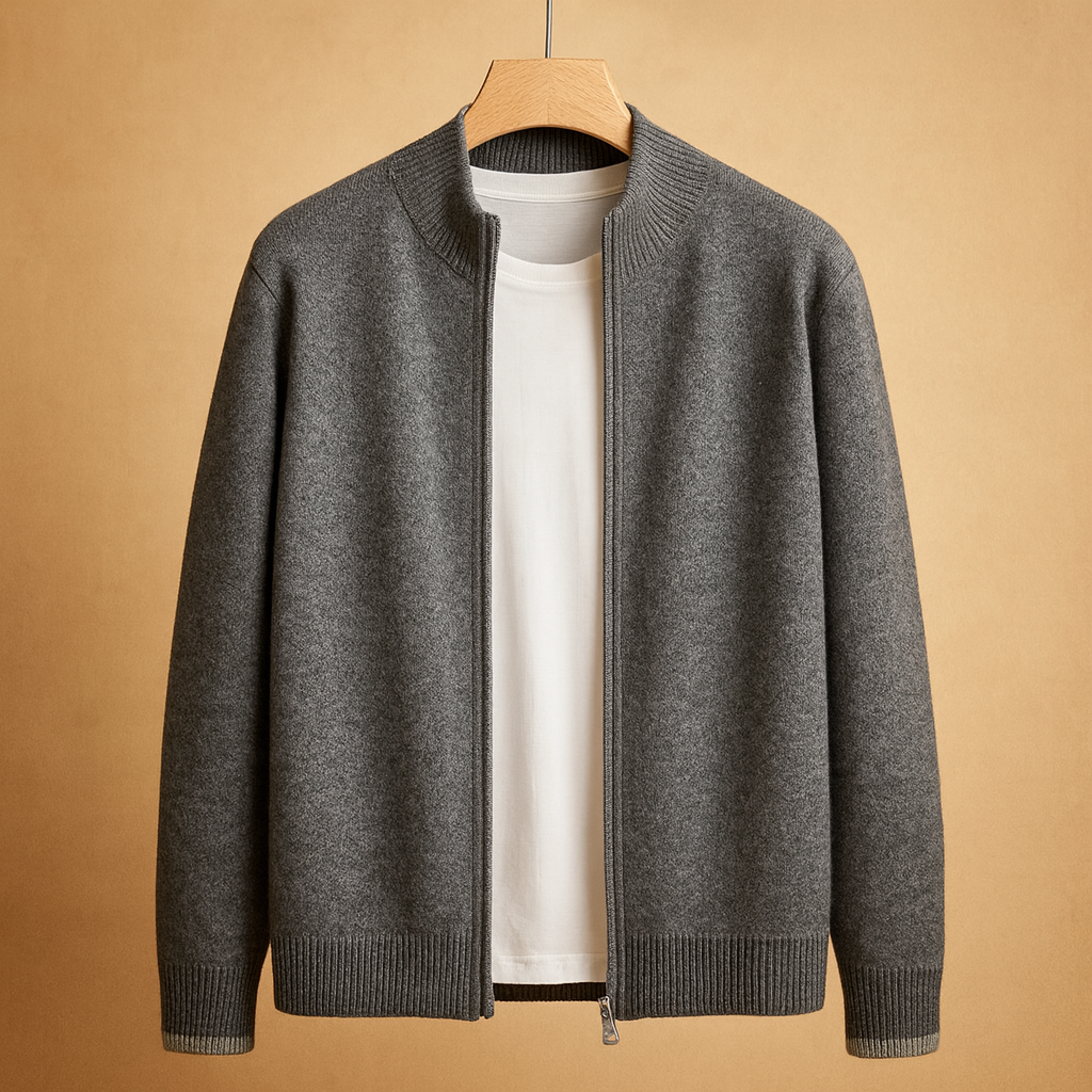 Men's full-zip knit cardigan with a stand collar - Regular-fit design for the office, weekends, and stylish everyday wear in autumn and winter