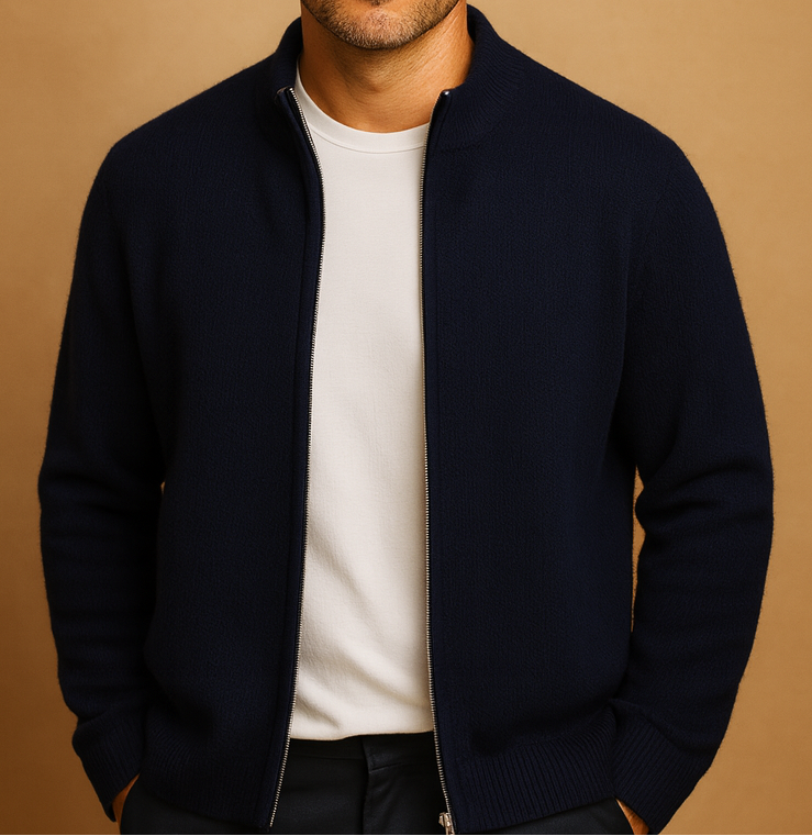 Men's full-zip knit cardigan with a stand collar - Regular-fit design for the office, weekends, and stylish everyday wear in autumn and winter