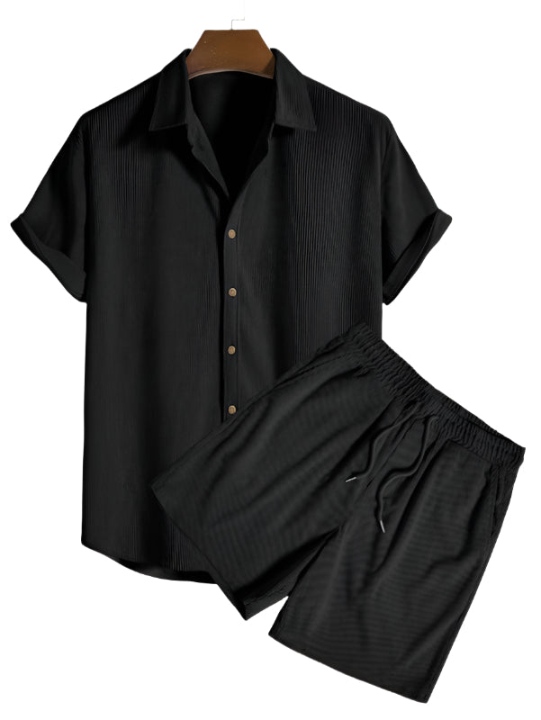 Set minimalist de vară pentru bărbați, cu cămașă cu mânecă scurtă și pantaloni scurți – Set ușor și respirabil din 2 piese pentru vacanță, timp liber, purtare zilnică și stil smart casual