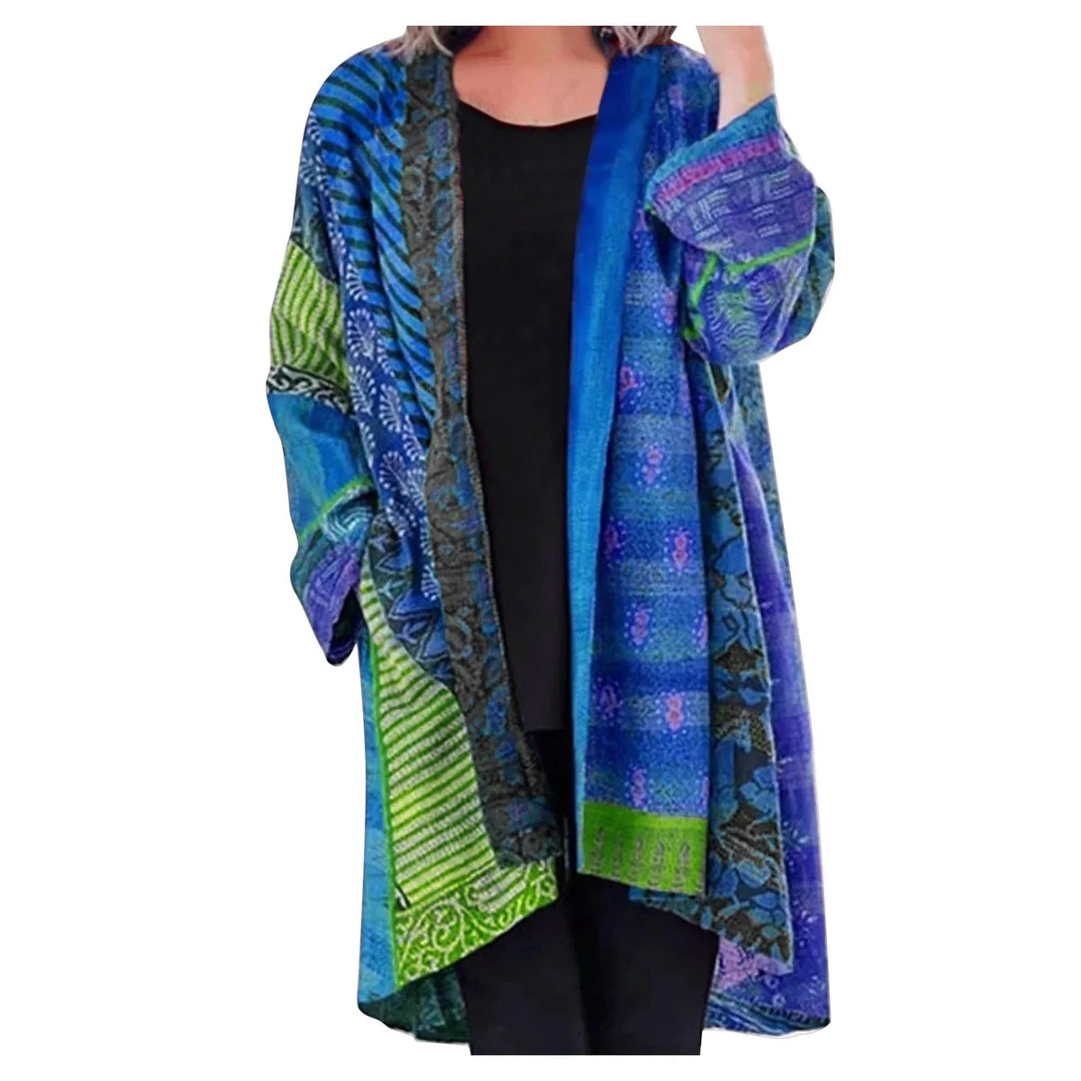 Długi damski kardigan-kimono z patchworkowym wzorem – otwarta, inspirowana stylem boho narzutka do stylizacji warstwowych i na co dzień