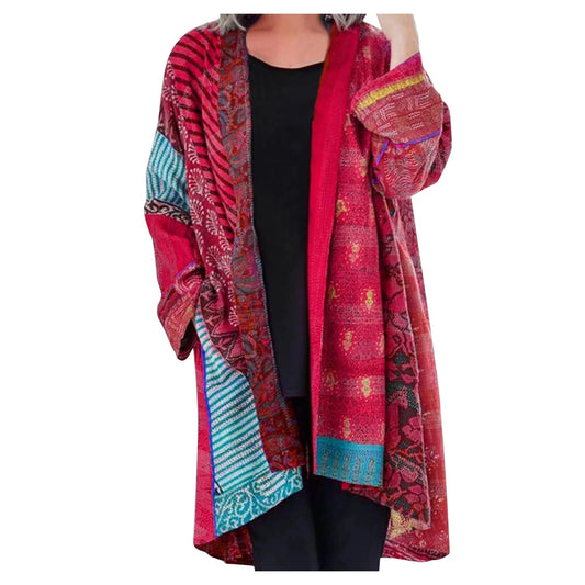 Dámský dlouhý kimono kardigan s patchworkovým designem – otevřený top v bohémském stylu pro vrstvení a neformální každodenní nošení