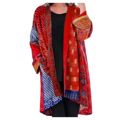 Długi damski kardigan-kimono z patchworkowym wzorem – otwarta, inspirowana stylem boho narzutka do stylizacji warstwowych i na co dzień