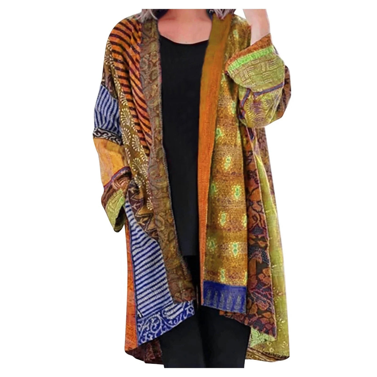 Długi damski kardigan-kimono z patchworkowym wzorem – otwarta, inspirowana stylem boho narzutka do stylizacji warstwowych i na co dzień