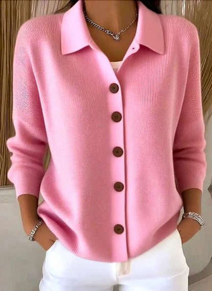 Dame Strikcardigan Med Knaplukning Og Afslappet Krave – Klassisk Cardigan Til Kontor, Hverdagsbrug, Fritid Og Smart Casual Stil