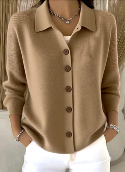 Dame Strikcardigan Med Knaplukning Og Afslappet Krave – Klassisk Cardigan Til Kontor, Hverdagsbrug, Fritid Og Smart Casual Stil