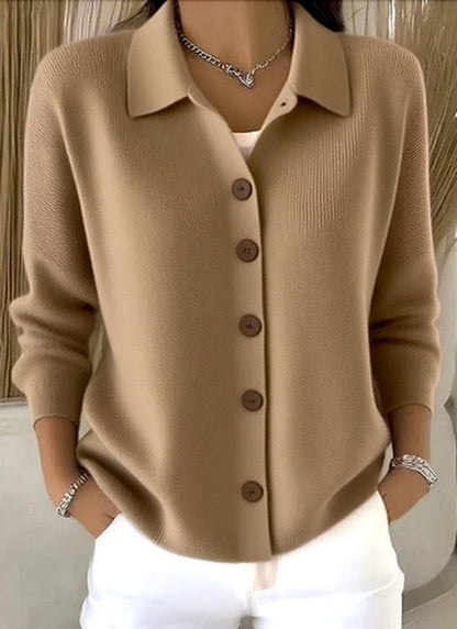 Dame Strikcardigan Med Knaplukning Og Afslappet Krave – Klassisk Cardigan Til Kontor, Hverdagsbrug, Fritid Og Smart Casual Stil