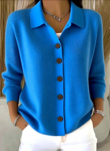 Dame Strikcardigan Med Knaplukning Og Afslappet Krave – Klassisk Cardigan Til Kontor, Hverdagsbrug, Fritid Og Smart Casual Stil