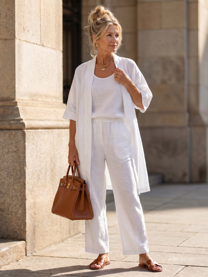 Set de vară din trei piese pentru femei, cu tunică lungă deschisă și pantaloni cu craci largi – ținută ușoară și lejeră pentru vară și purtare zilnică