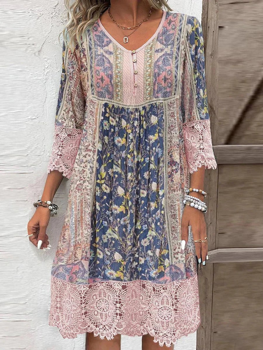 Women's Bohemian-inspired A-line tunic dress with floral print and 3/4 sleeves - lightweight summer dress with lace trim for vacations and casual everyday wear