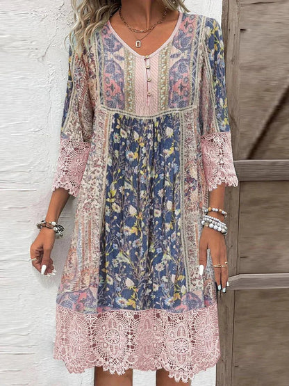Women's Bohemian-inspired A-line tunic dress with floral print and 3/4 sleeves - lightweight summer dress with lace trim for vacations and casual everyday wear