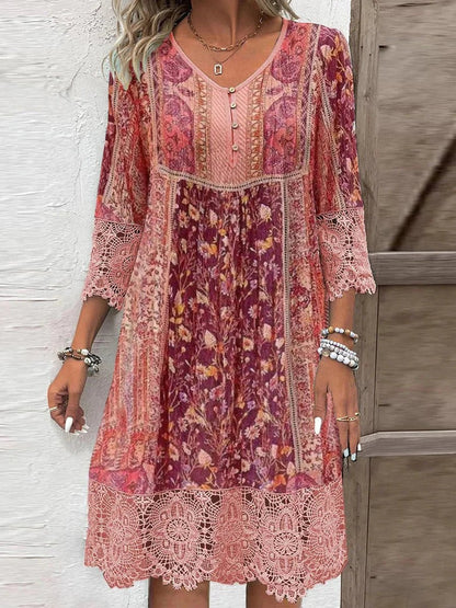Women's Bohemian-inspired A-line tunic dress with floral print and 3/4 sleeves - lightweight summer dress with lace trim for vacations and casual everyday wear