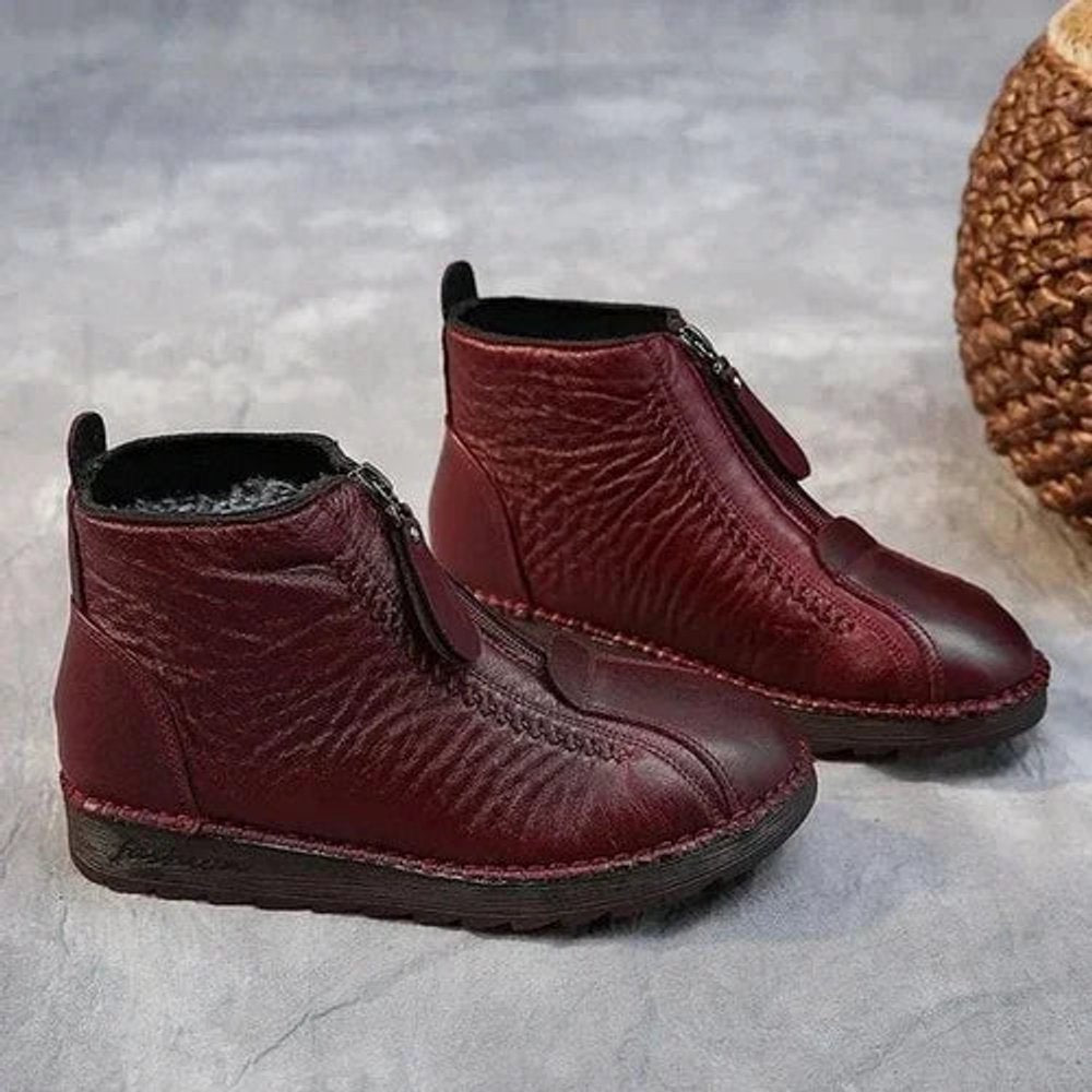 Women's leather ankle boots with fleece lining and front zipper - warm, comfortable boots for fall, winter, walks, and everyday outdoor wear