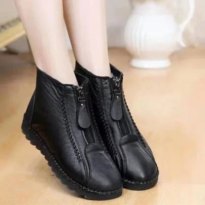 Women's leather ankle boots with fleece lining and front zipper - warm, comfortable boots for fall, winter, walks, and everyday outdoor wear
