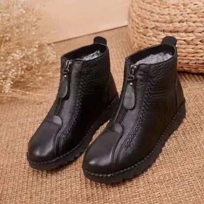 Women's leather ankle boots with fleece lining and front zipper - warm, comfortable boots for fall, winter, walks, and everyday outdoor wear