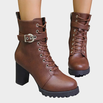 Women's combat ankle boots with laces, buckles, platform sole, and block heel - modern boots for fall, winter, and stylish everyday wear