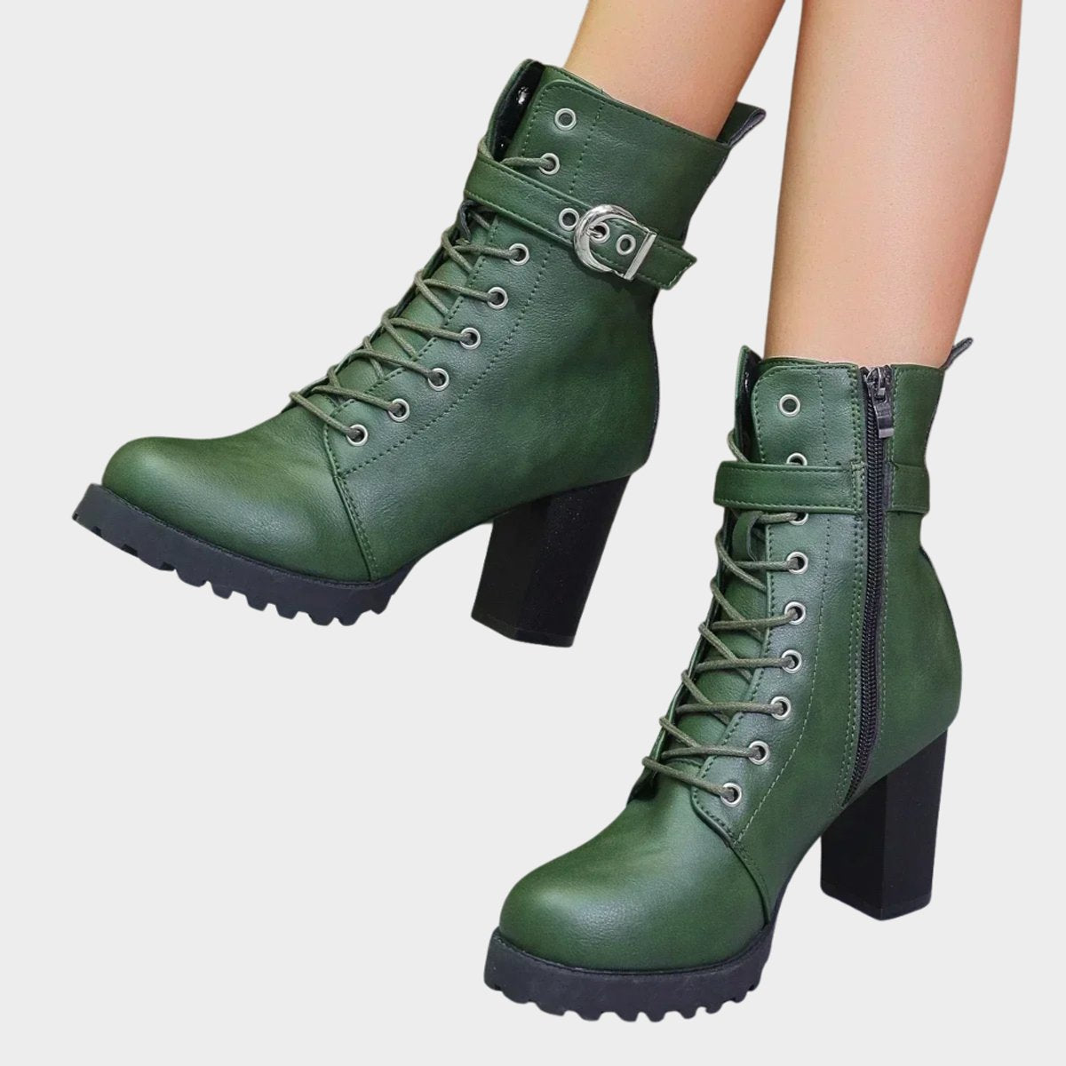 Women's combat ankle boots with laces, buckles, platform sole, and block heel - modern boots for fall, winter, and stylish everyday wear