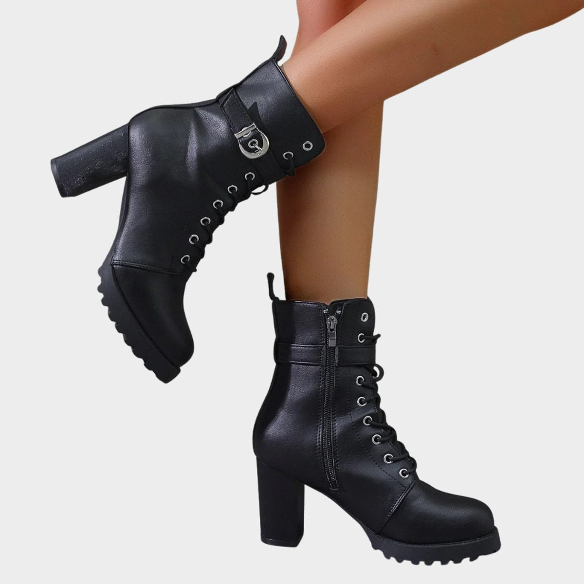 Women's combat ankle boots with laces, buckles, platform sole, and block heel - modern boots for fall, winter, and stylish everyday wear