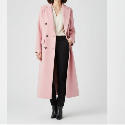 Dámský dlouhý dvouřadý kabát s elegantním střihem – elegantní svrchní oděv do kanceláře, na večerní akce i pro stylové každodenní nošení
