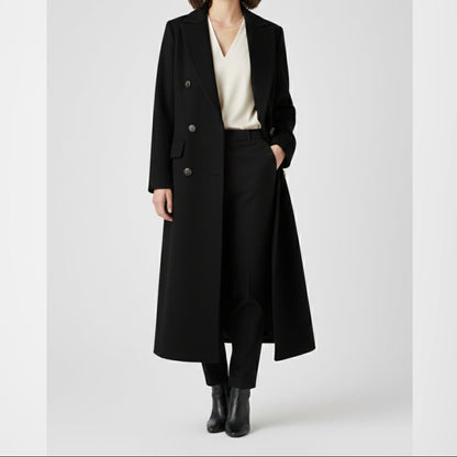 Dámský dlouhý dvouřadý kabát s elegantním střihem – elegantní svrchní oděv do kanceláře, na večerní akce i pro stylové každodenní nošení