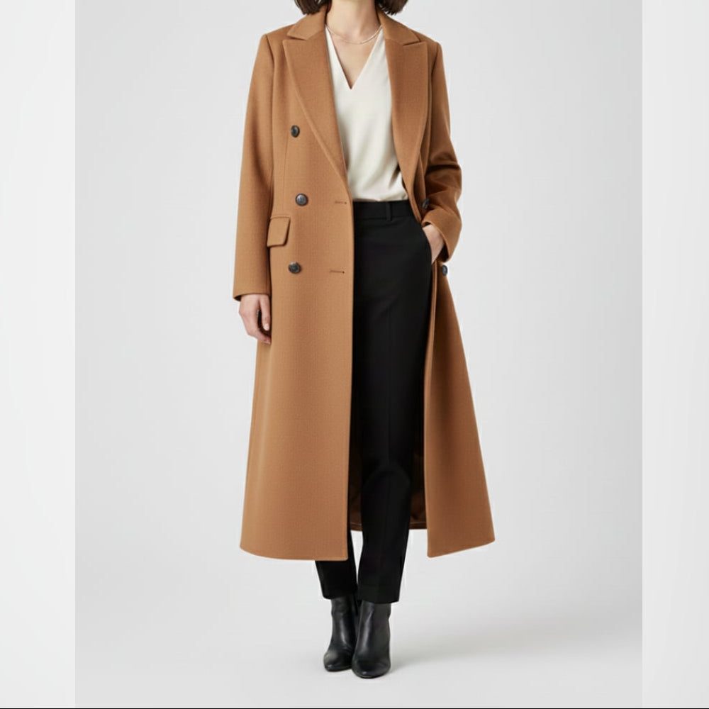 Dámský dlouhý dvouřadý kabát s elegantním střihem – elegantní svrchní oděv do kanceláře, na večerní akce i pro stylové každodenní nošení