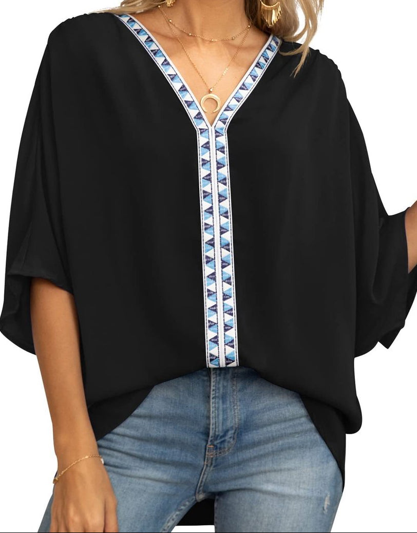 Women's oversized V-neck tunic with batwing sleeves - relaxed summer top with geometric trim for leisure and everyday wear