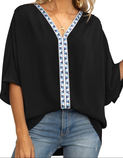 Women's oversized V-neck tunic with batwing sleeves - relaxed summer top with geometric trim for leisure and everyday wear