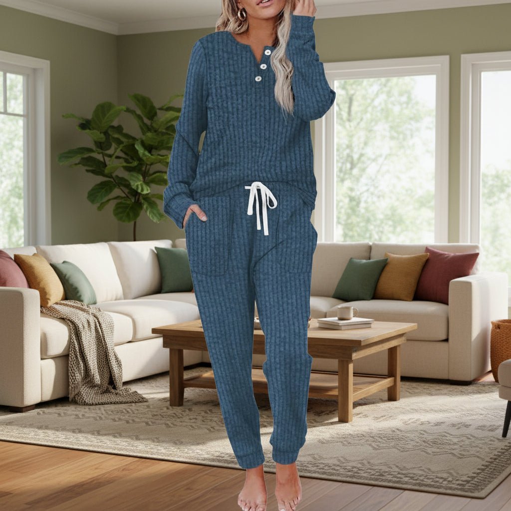 Women's two-piece rib-knit loungewear set with long-sleeved Henley top and drawstring joggers - comfortable set for relaxing at home and casual everyday wear