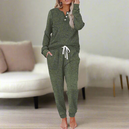 Women's two-piece rib-knit loungewear set with long-sleeved Henley top and drawstring joggers - comfortable set for relaxing at home and casual everyday wear