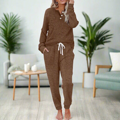 Women's two-piece rib-knit loungewear set with long-sleeved Henley top and drawstring joggers - comfortable set for relaxing at home and casual everyday wear