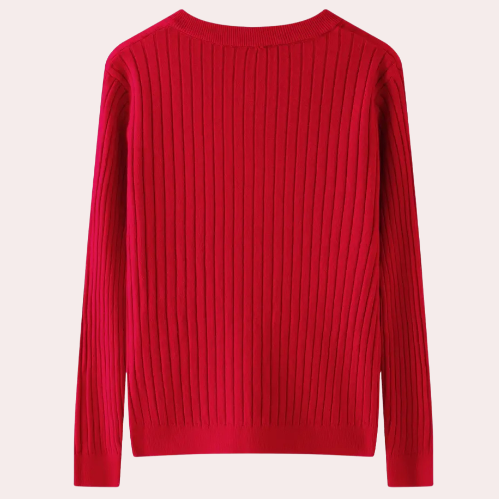 Dame Ribbet Langærmet Striksweater Med Knapudskæring