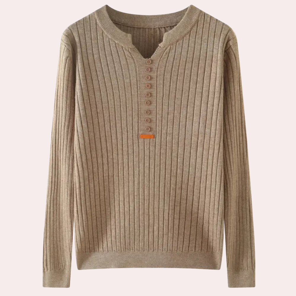 Dame Ribbet Langærmet Striksweater Med Knapudskæring