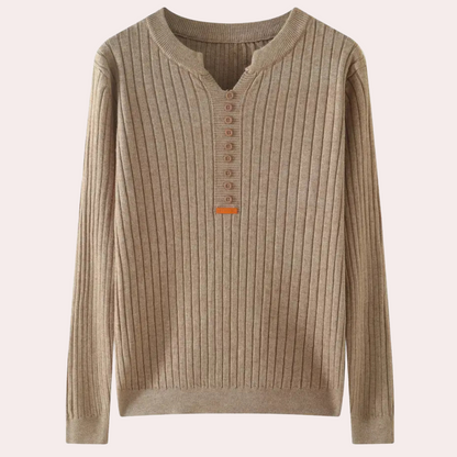 Dame Ribbet Langærmet Striksweater Med Knapudskæring