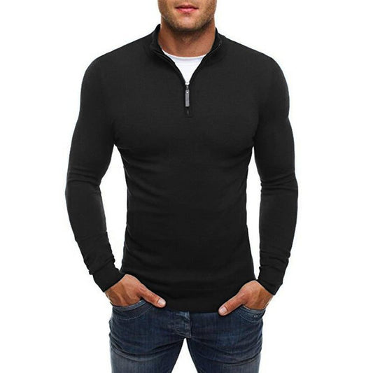 Pulover bărbătesc cu fermoar la jumătate, croială slim fit, mâneci lungi și guler înalt – tricot elegant pentru purtare zilnică, serviciu și ținute smart casual în straturi