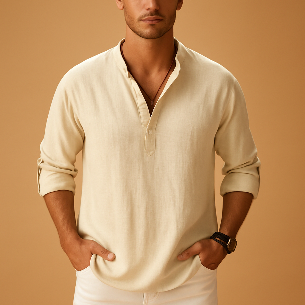Herre V-hals Skjorte Med Lange Ærmer – Let Sommerskjorte Til Ferie, Hverdagsbrug, Fritid Og Smart Casual Stil