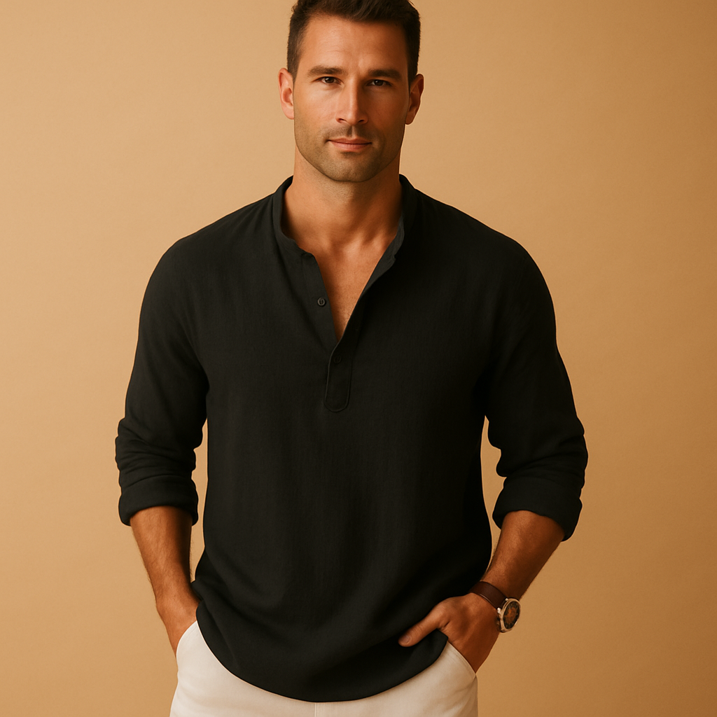 Herre V-hals Skjorte Med Lange Ærmer – Let Sommerskjorte Til Ferie, Hverdagsbrug, Fritid Og Smart Casual Stil