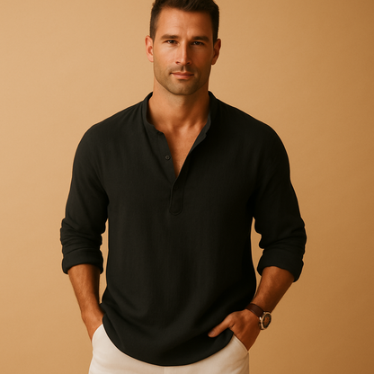 Herre V-hals Skjorte Med Lange Ærmer – Let Sommerskjorte Til Ferie, Hverdagsbrug, Fritid Og Smart Casual Stil