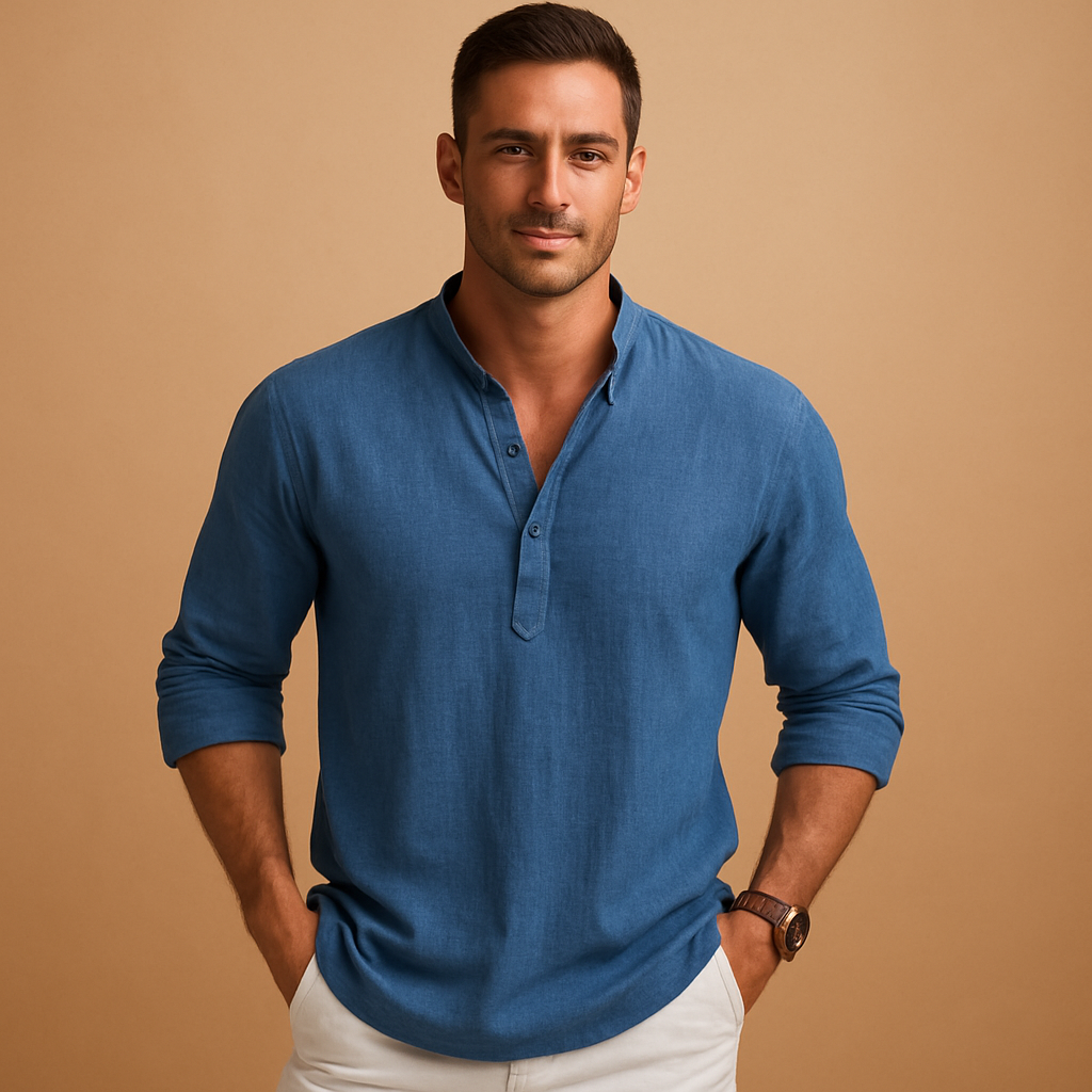 Herre V-hals Skjorte Med Lange Ærmer – Let Sommerskjorte Til Ferie, Hverdagsbrug, Fritid Og Smart Casual Stil