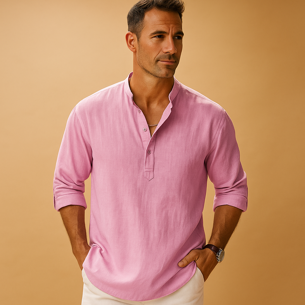 Herre V-hals Skjorte Med Lange Ærmer – Let Sommerskjorte Til Ferie, Hverdagsbrug, Fritid Og Smart Casual Stil