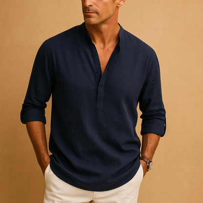 Herre V-hals Skjorte Med Lange Ærmer – Let Sommerskjorte Til Ferie, Hverdagsbrug, Fritid Og Smart Casual Stil